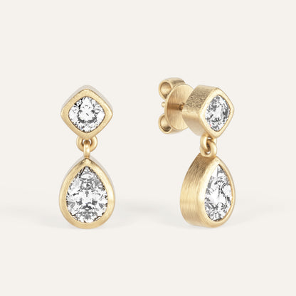 18k Gold Cushion & Pear Bezel Lab Diamond Drop Earrings