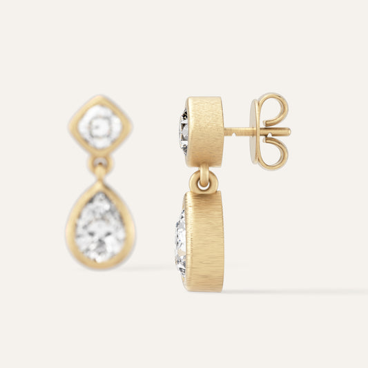 18k Gold Cushion & Pear Bezel Lab Diamond Drop Earrings