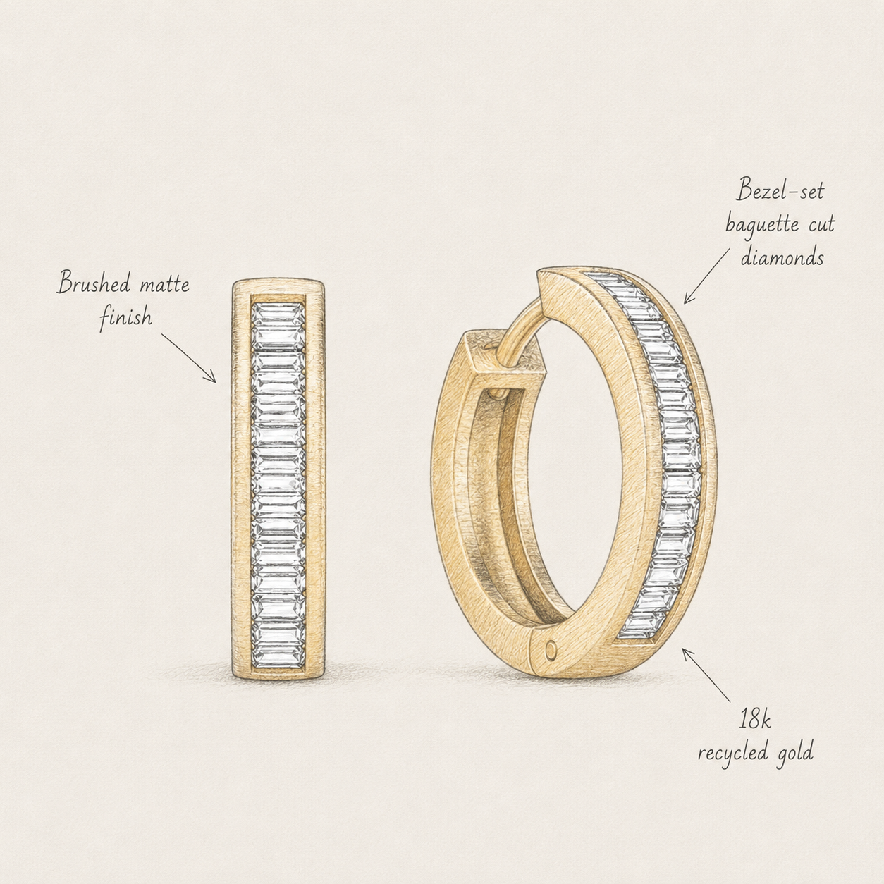 18k Gold Baguette Lab Diamond Hoop Earrings