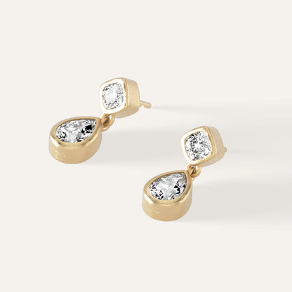 18k Gold Cushion & Pear Bezel Lab Diamond Drop Earrings
