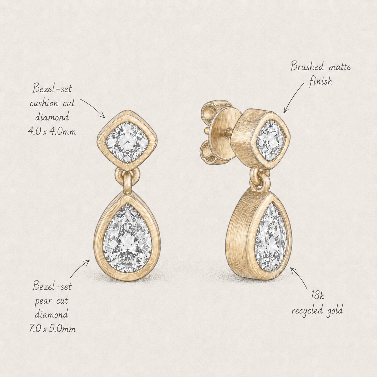 18k Gold Cushion & Pear Bezel Lab Diamond Drop Earrings
