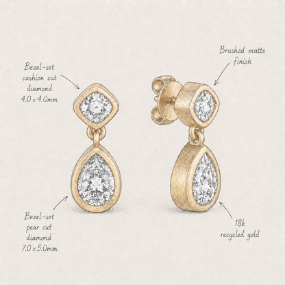 18k Gold Cushion & Pear Bezel Lab Diamond Drop Earrings