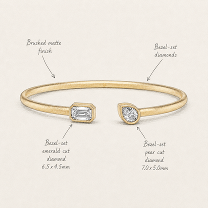 18k Gold Emerald & Pear Bezel Lab Diamond Open Bangle